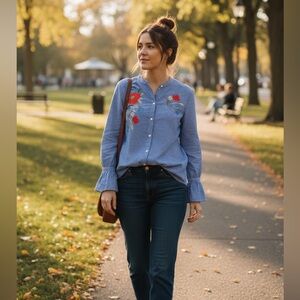 LOFT Embroidered Blue Striped Blouse with Ruffled Sleeves Medium